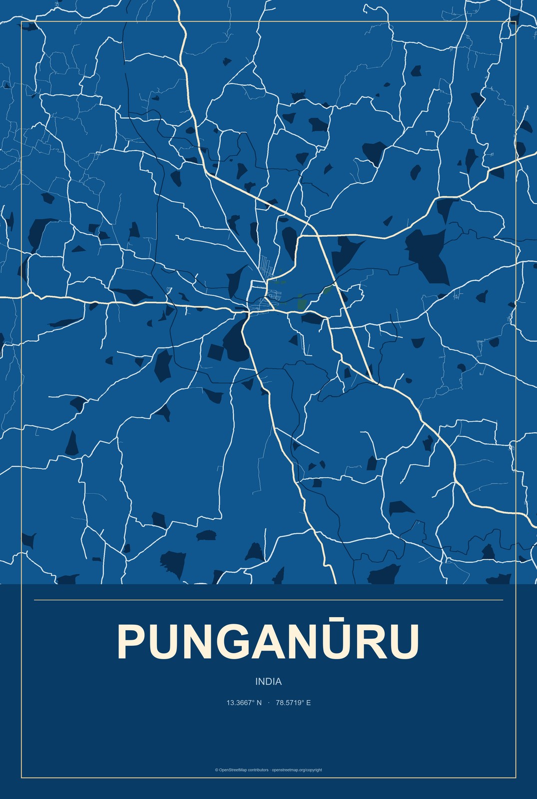 Punganūru, India City Map Aluminum Sign in Harbor Cobalt style