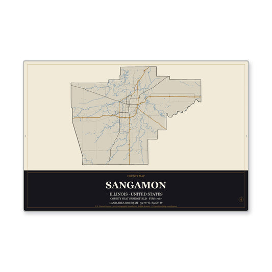 Sangamon County, Illinois Map Aluminum Sign in Museum Plaque style
