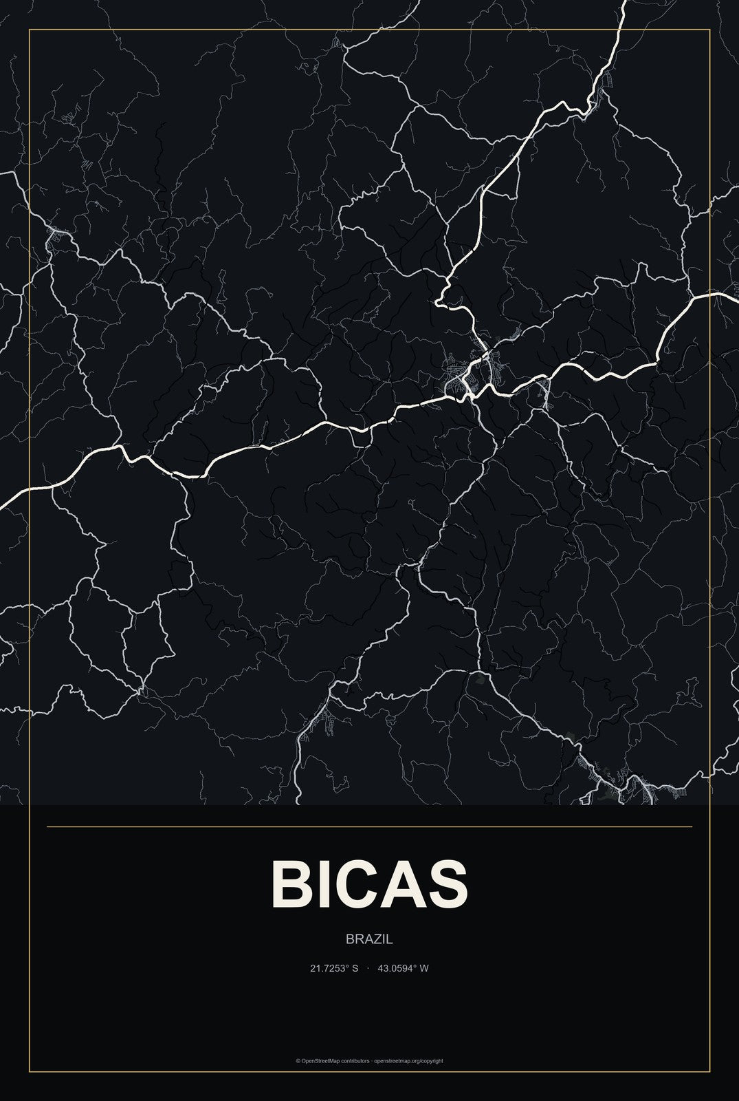 Bicas, Brazil City Map Aluminum Sign in Metropolitan Noir style