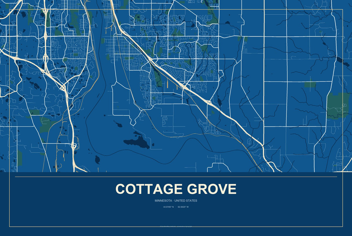 Cottage Grove, Minnesota City Map Aluminum Sign in Harbor Cobalt style
