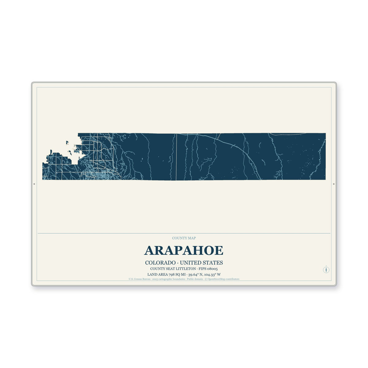 Arapahoe County, Colorado Map Aluminum Sign in Coastal Cutout style