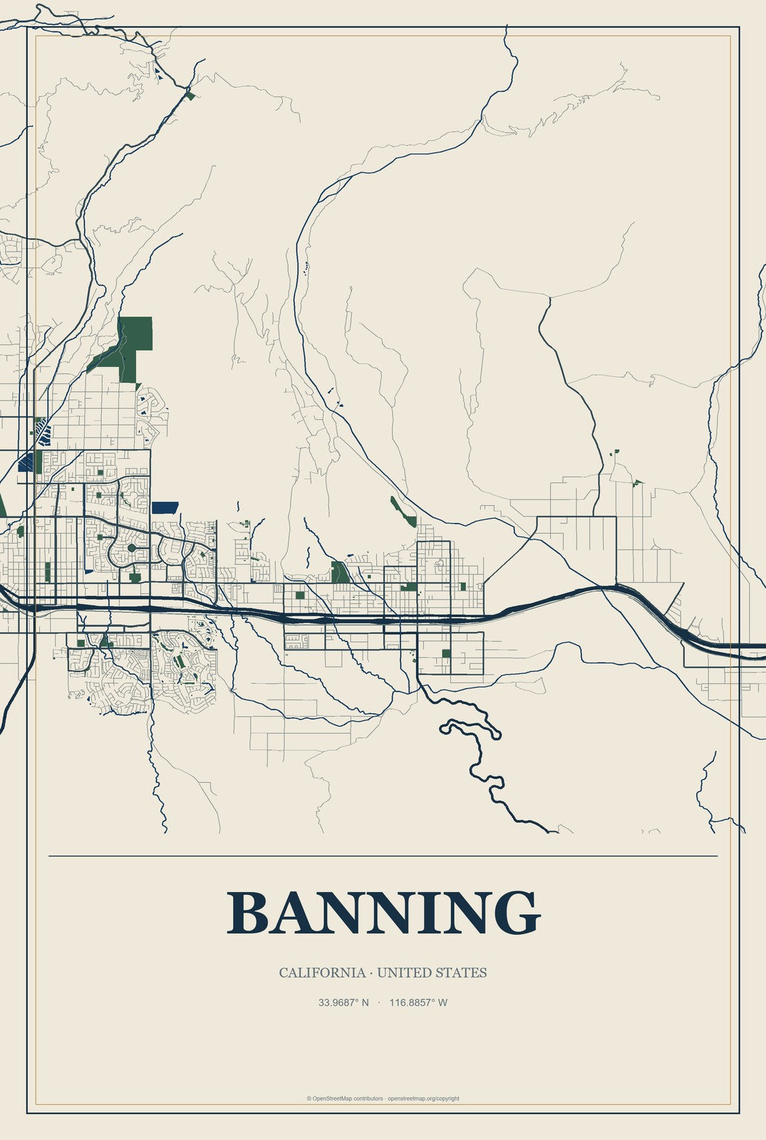 Banning, California City Map Aluminum Sign in Coastal Cutout style