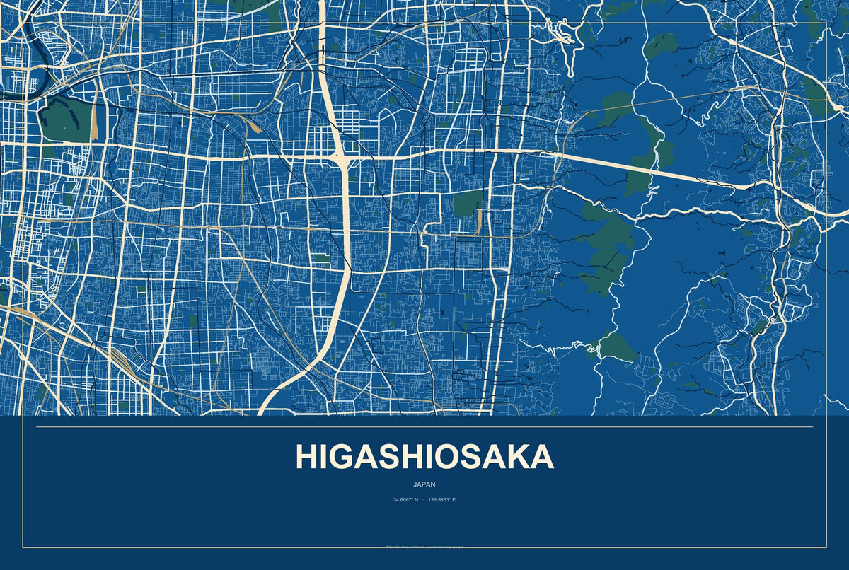 Higashiosaka, Japan City Map Aluminum Sign in Harbor Cobalt style