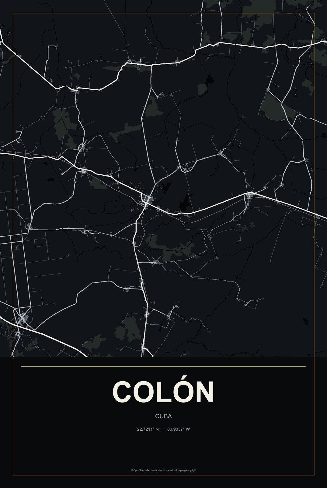Colón, Cuba City Map Aluminum Sign in Metropolitan Noir style