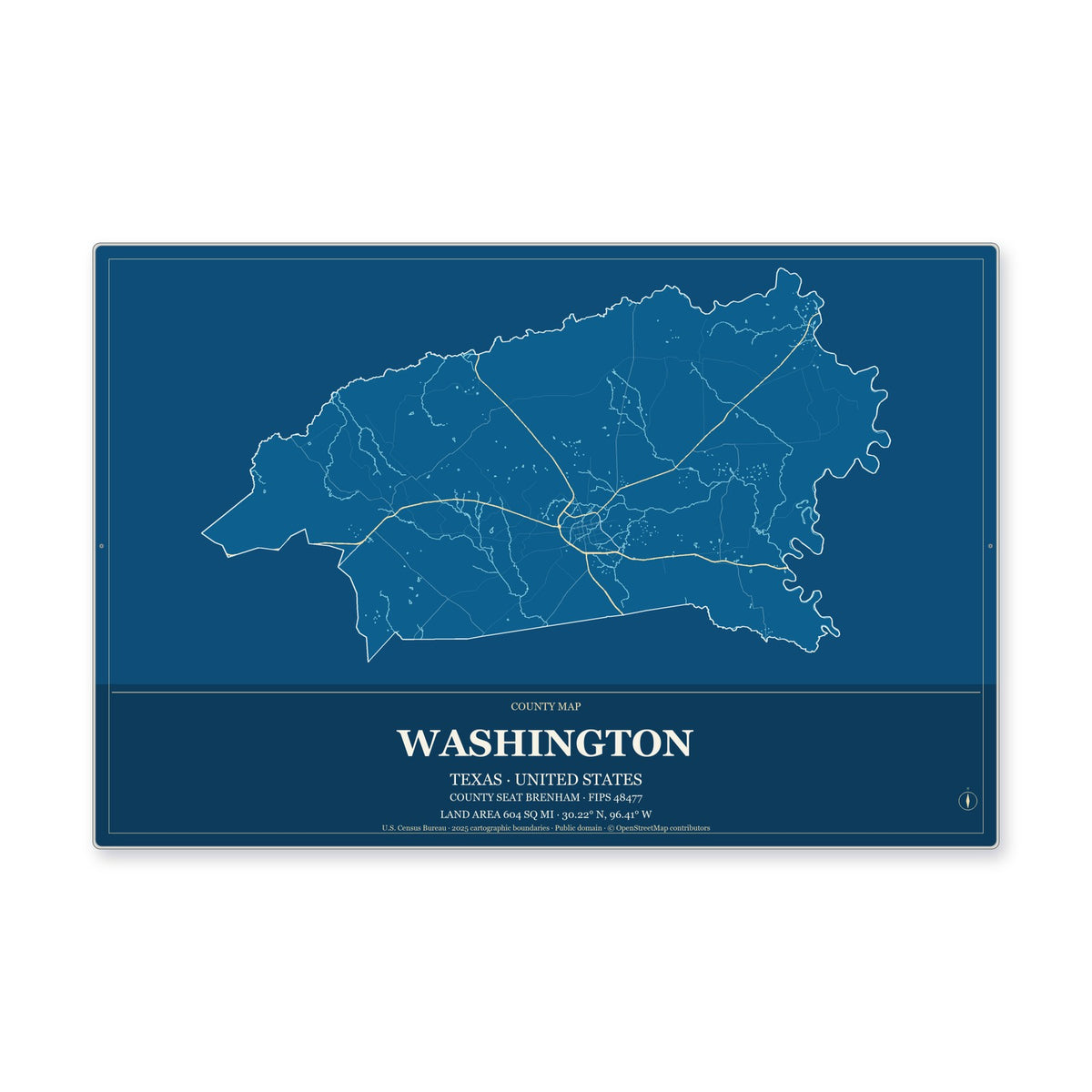 Washington County, Texas Map Aluminum Sign in Harbor Cobalt style