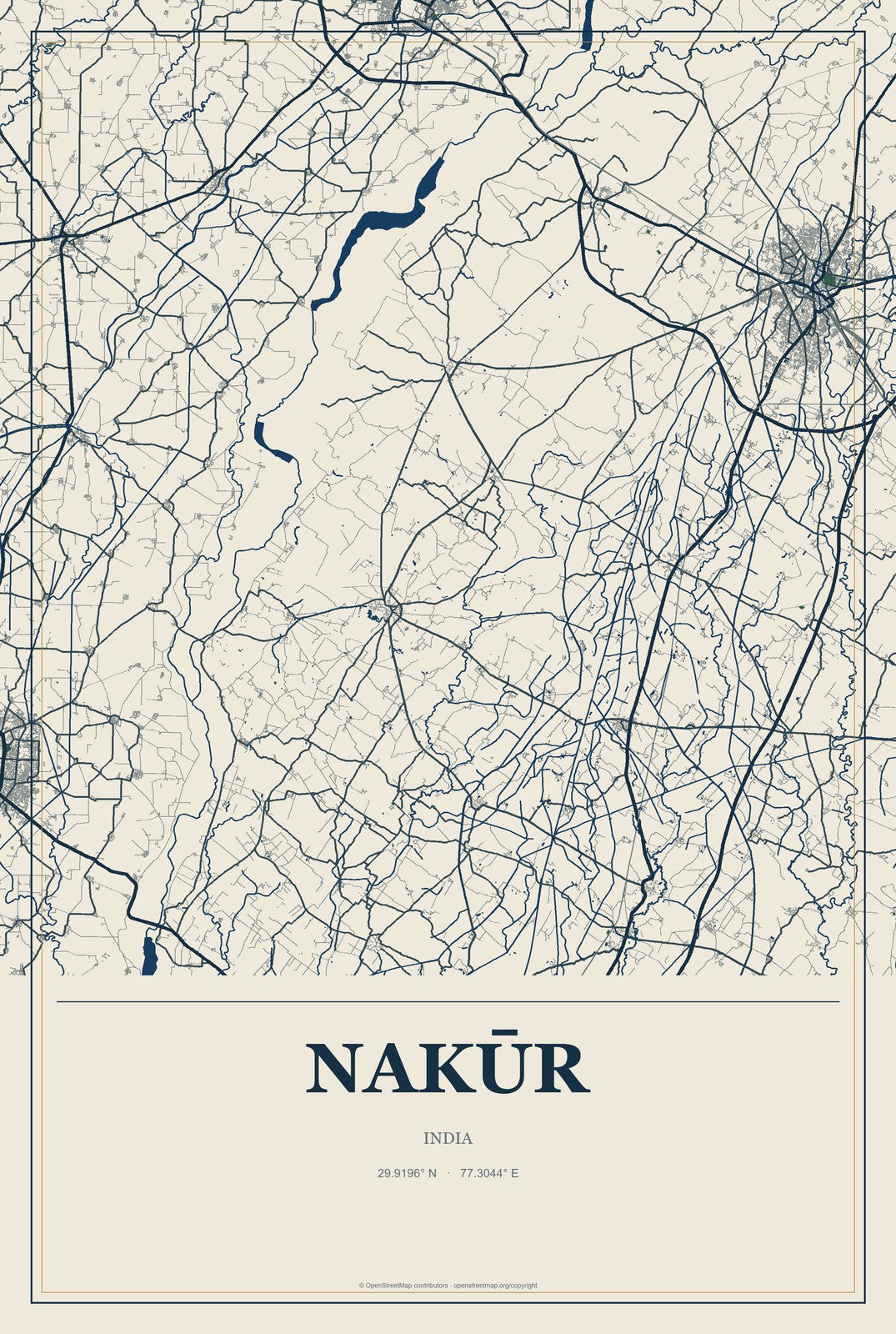 Nakūr, India City Map Aluminum Sign in Coastal Cutout style