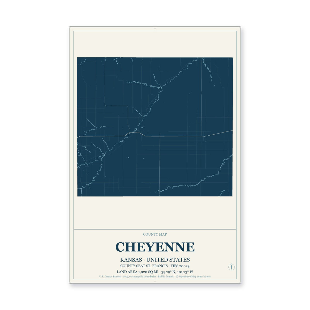 Cheyenne County, Kansas Map Aluminum Sign in Coastal Cutout style