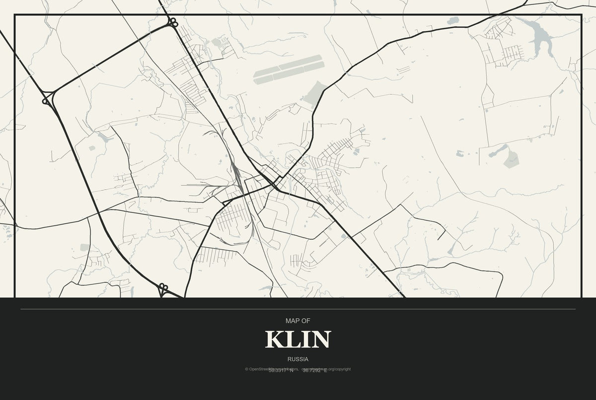Klin, Russia City Map Aluminum Sign in Museum Plaque style