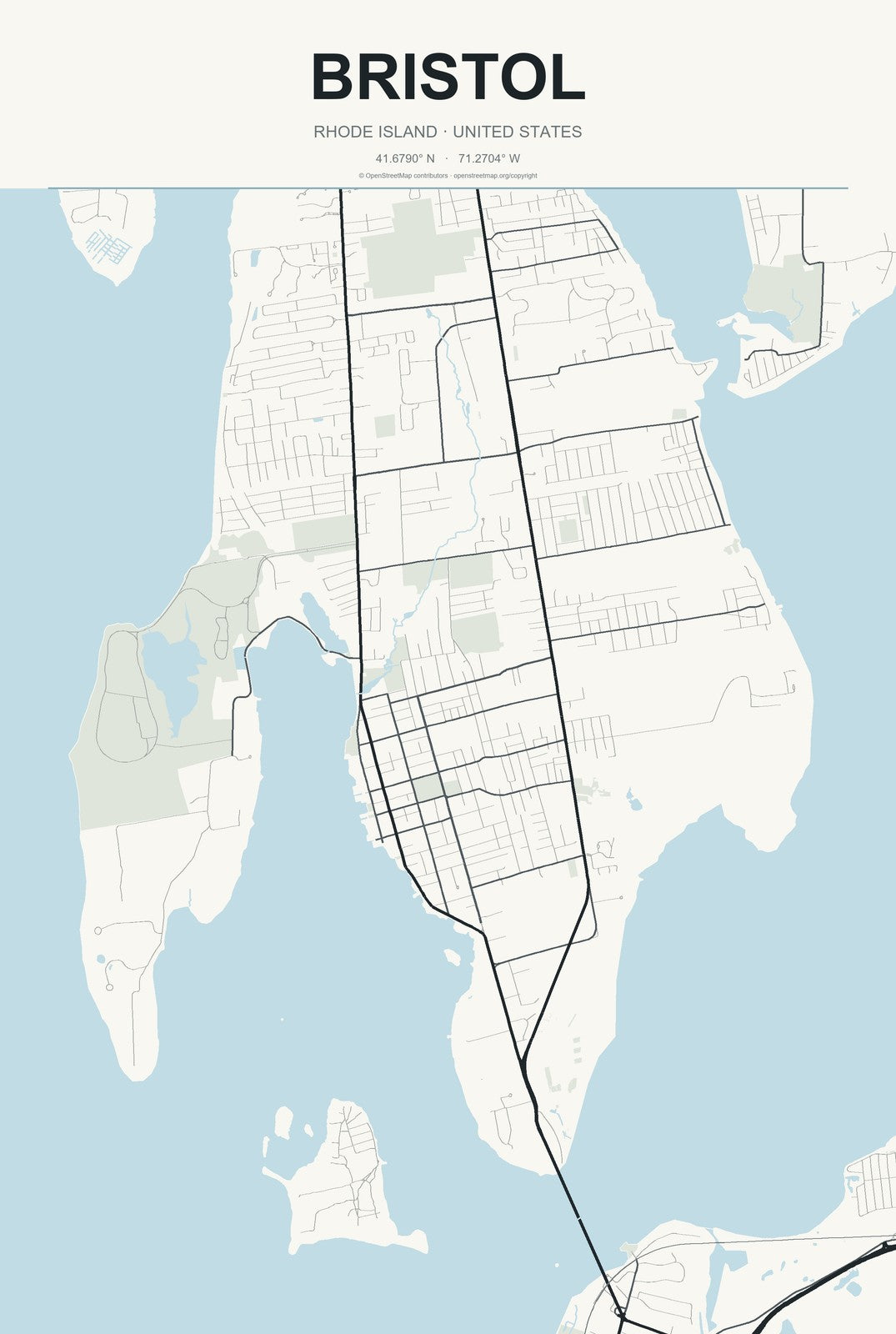 Bristol, Rhode Island City Map Aluminum Sign in Headline Atlas style