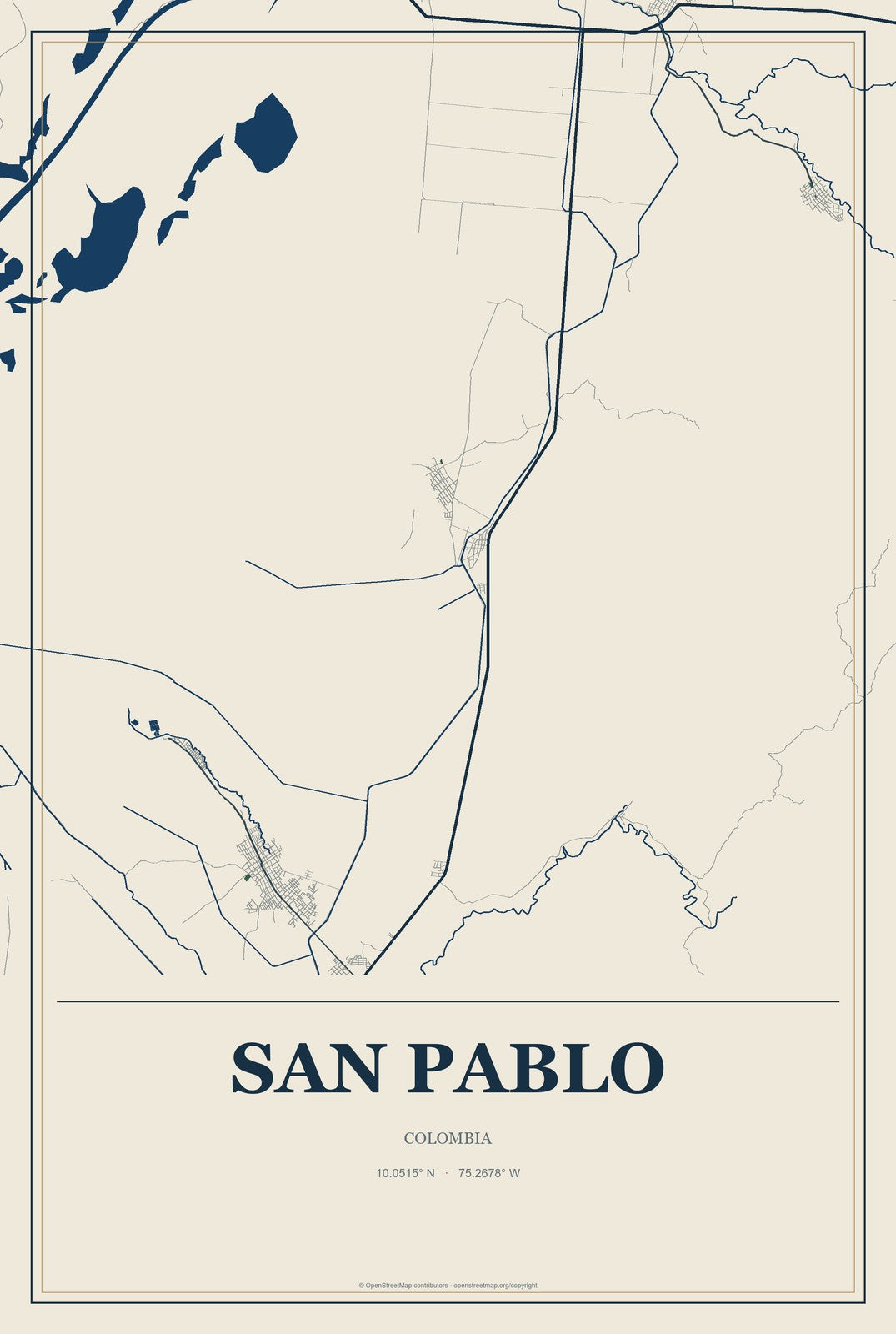 San Pablo, Colombia City Map Aluminum Sign in Coastal Cutout style