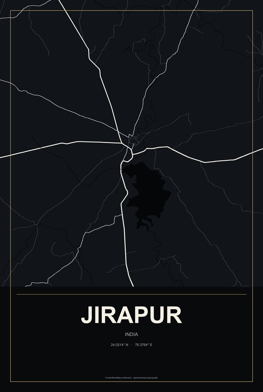 Jirapur, India City Map Aluminum Sign in Metropolitan Noir style