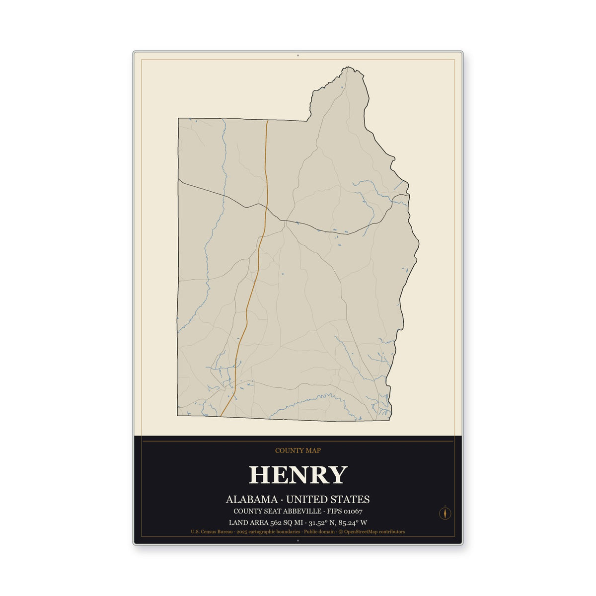 Henry County, Alabama Map Aluminum Sign in Museum Plaque style