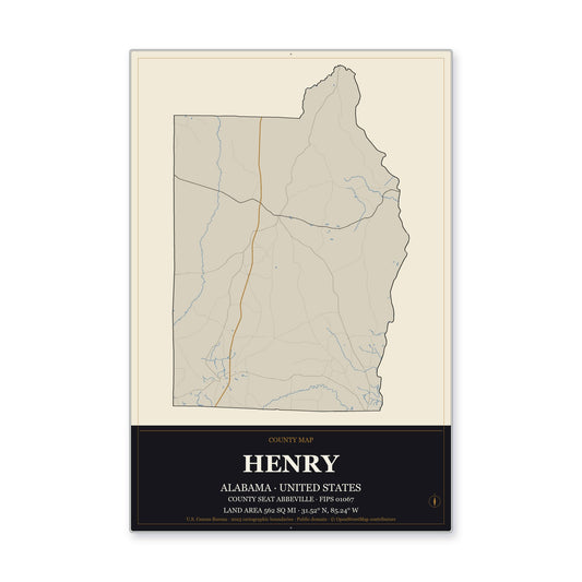 Henry County, Alabama Map Aluminum Sign in Museum Plaque style