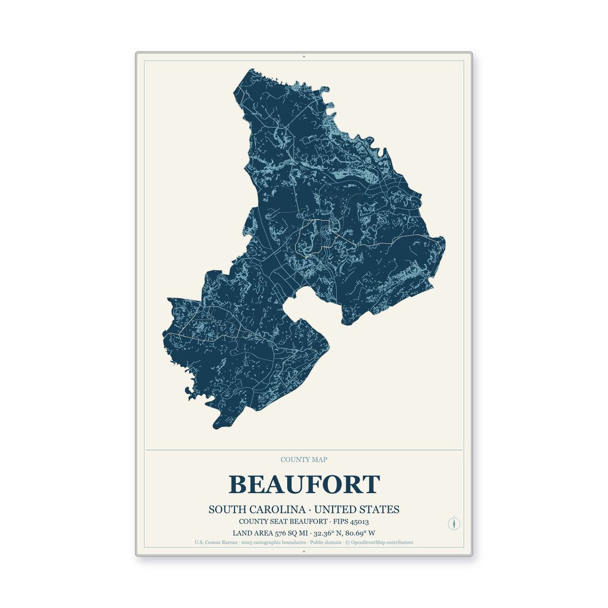 Beaufort County, South Carolina Map Aluminum Sign in Coastal Cutout style