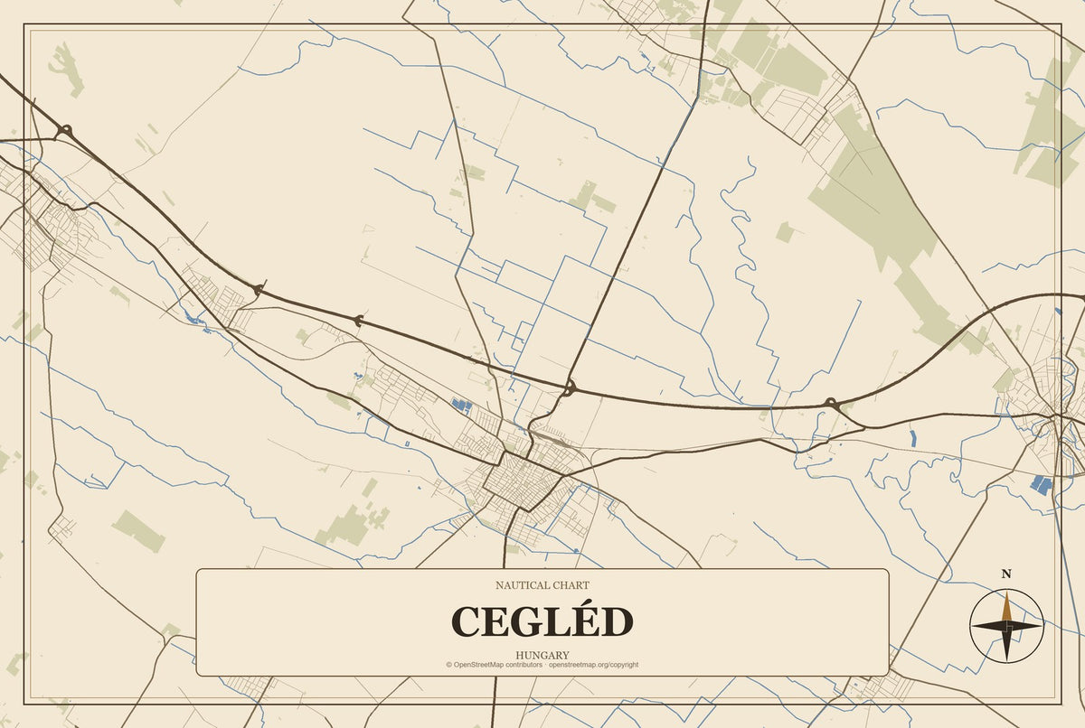 Cegléd, Hungary City Map Aluminum Sign in Heritage Nautical style