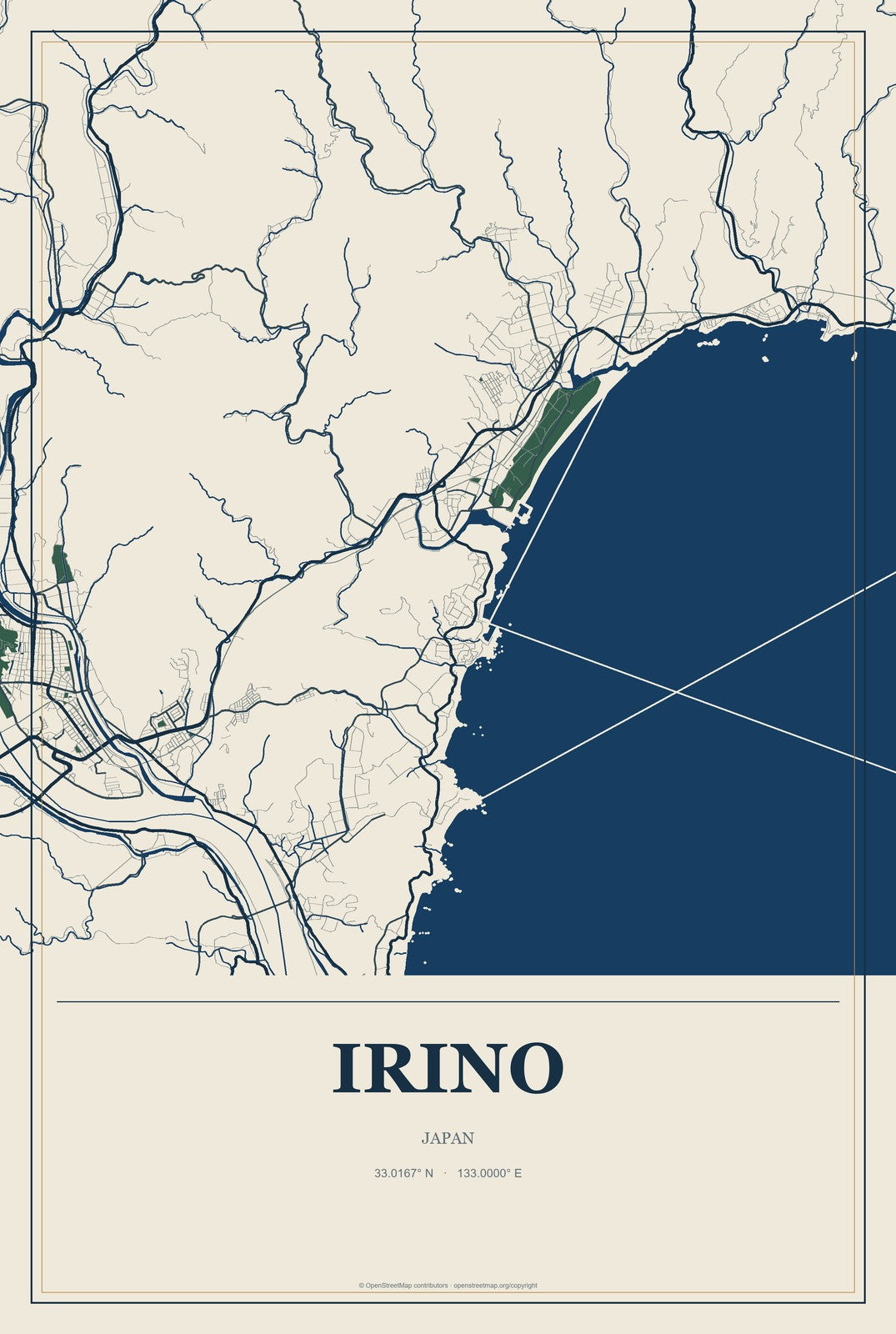 Irino, Japan City Map Aluminum Sign in Coastal Cutout style