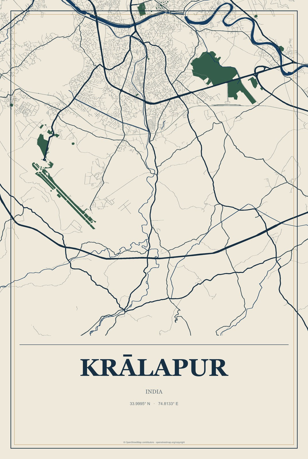 Krālapur, India City Map Aluminum Sign in Coastal Cutout style