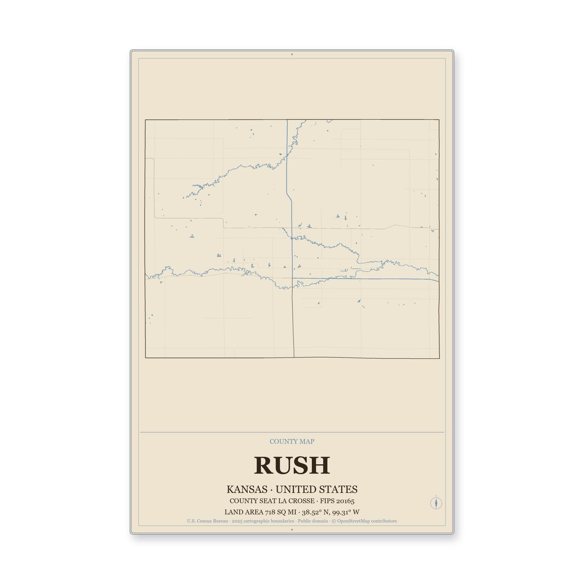 Rush County, Kansas Map Aluminum Sign in Heritage Nautical style