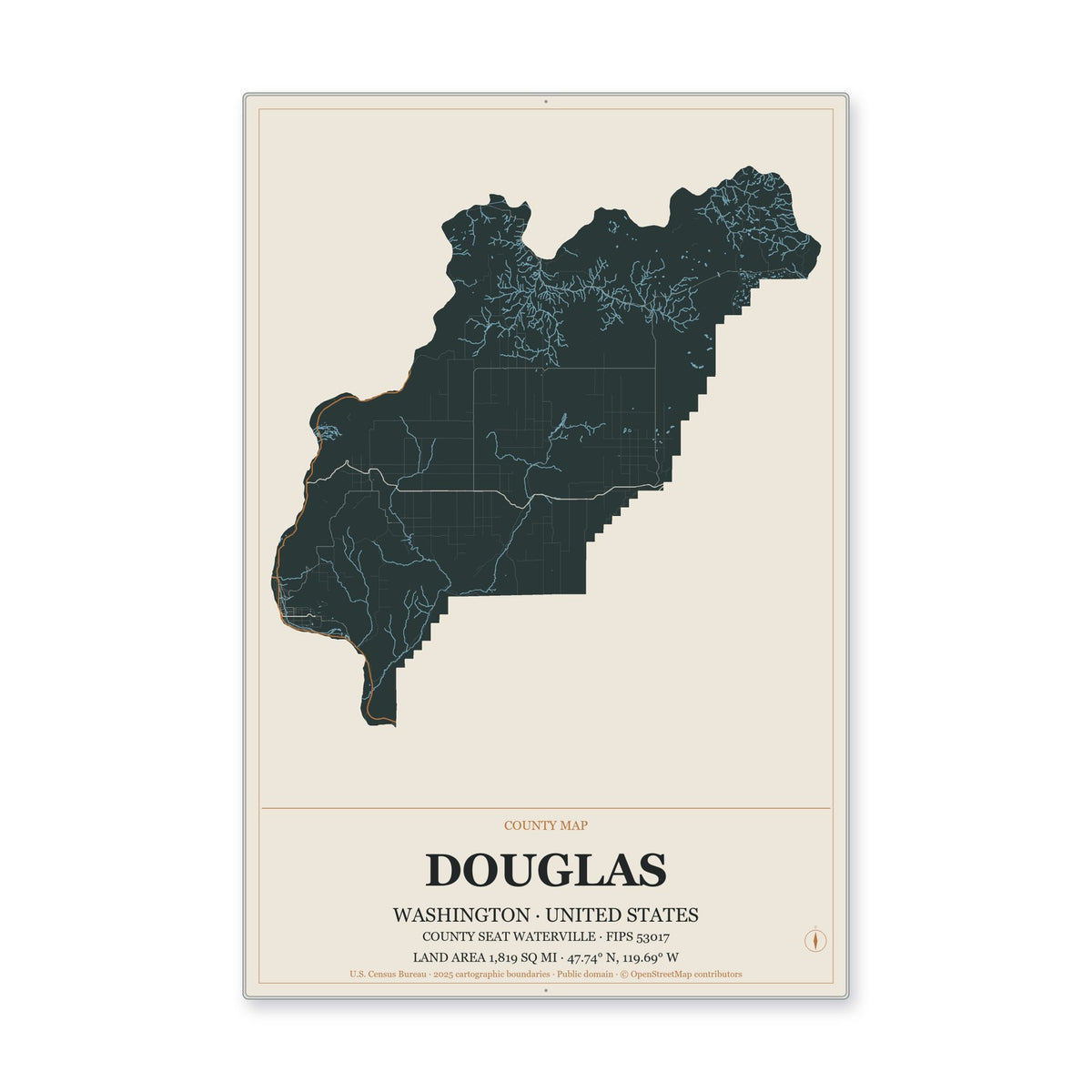 Douglas County, Washington Map Aluminum Sign in Headline Atlas style