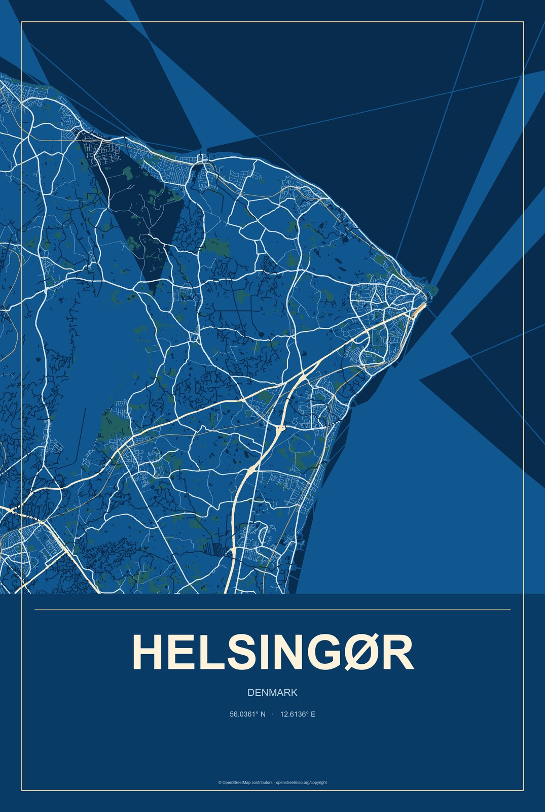 Helsingør, Denmark City Map Aluminum Sign in Harbor Cobalt style