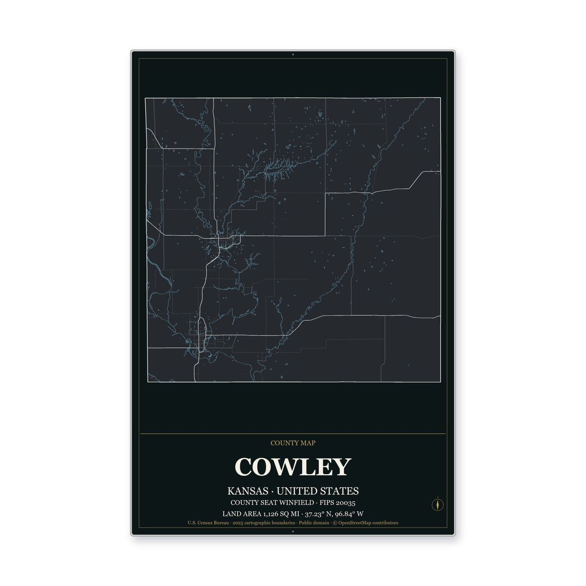 Cowley County, Kansas Map Aluminum Sign in Metropolitan Noir style