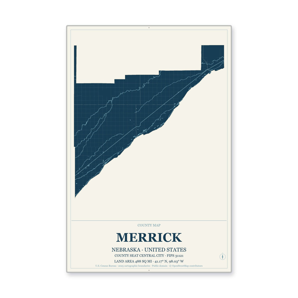 Merrick County, Nebraska Map Aluminum Sign in Coastal Cutout style