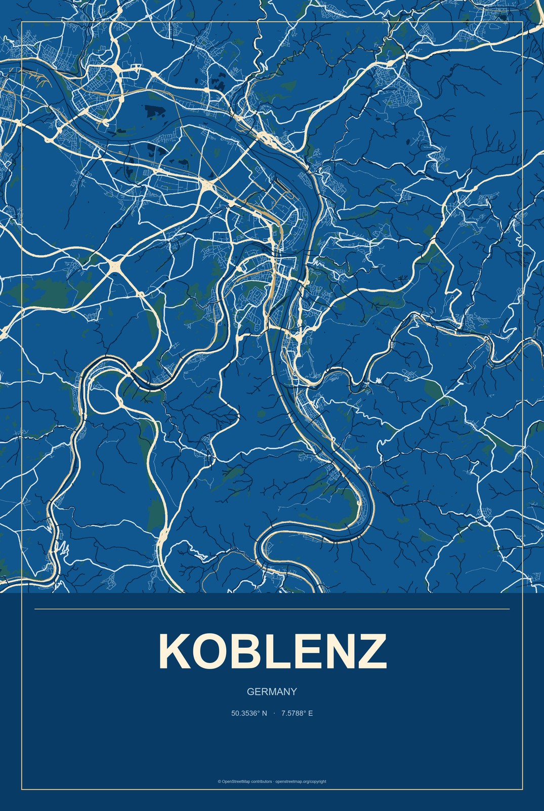 Koblenz, Germany City Map Aluminum Sign in Harbor Cobalt style