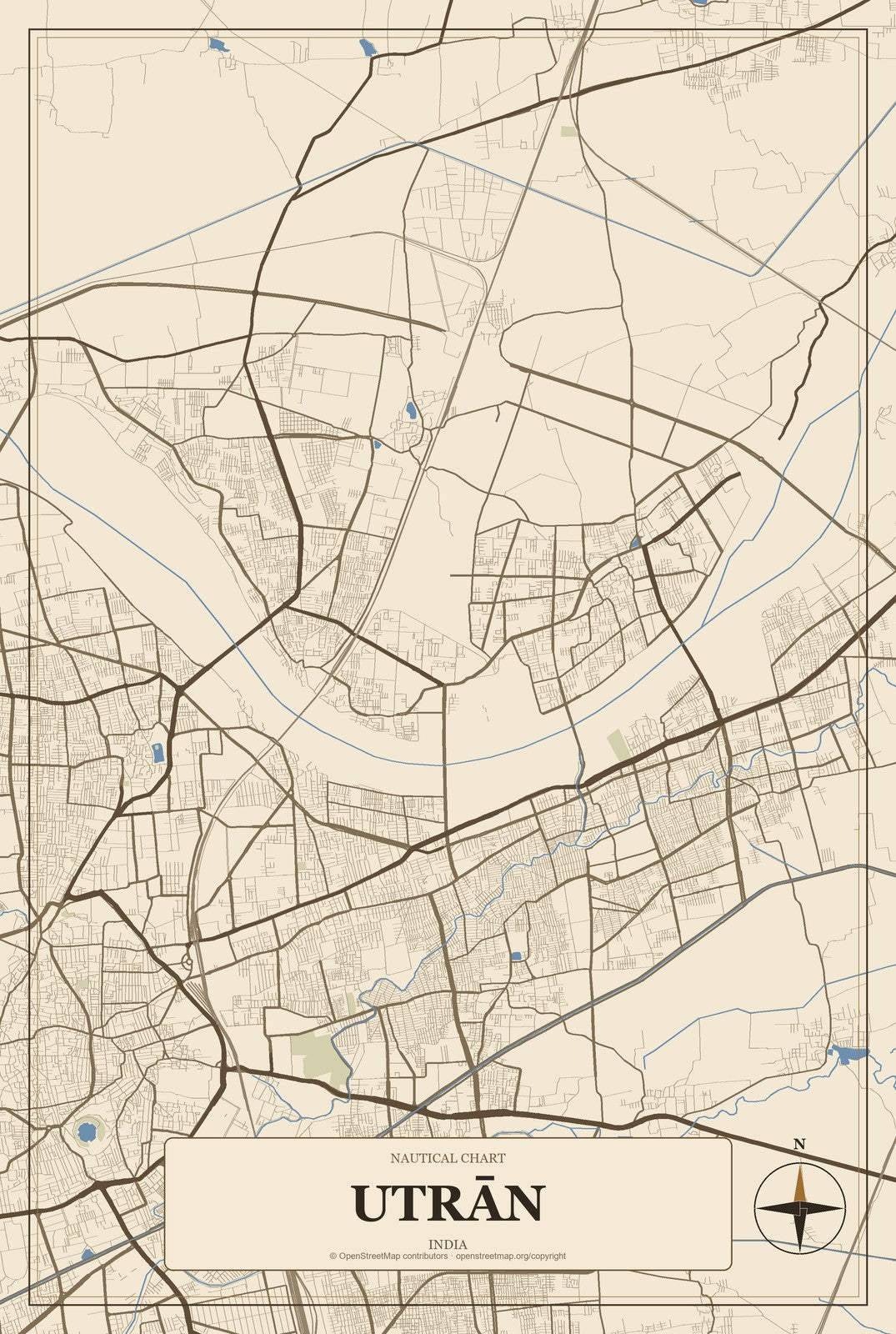 Utrān, India City Map Aluminum Sign in Heritage Nautical style