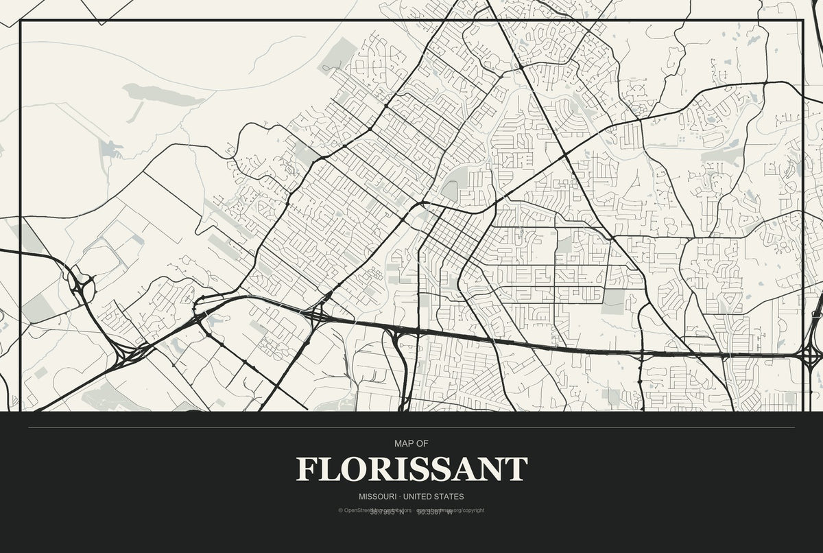Florissant, Missouri City Map Aluminum Sign in Museum Plaque style