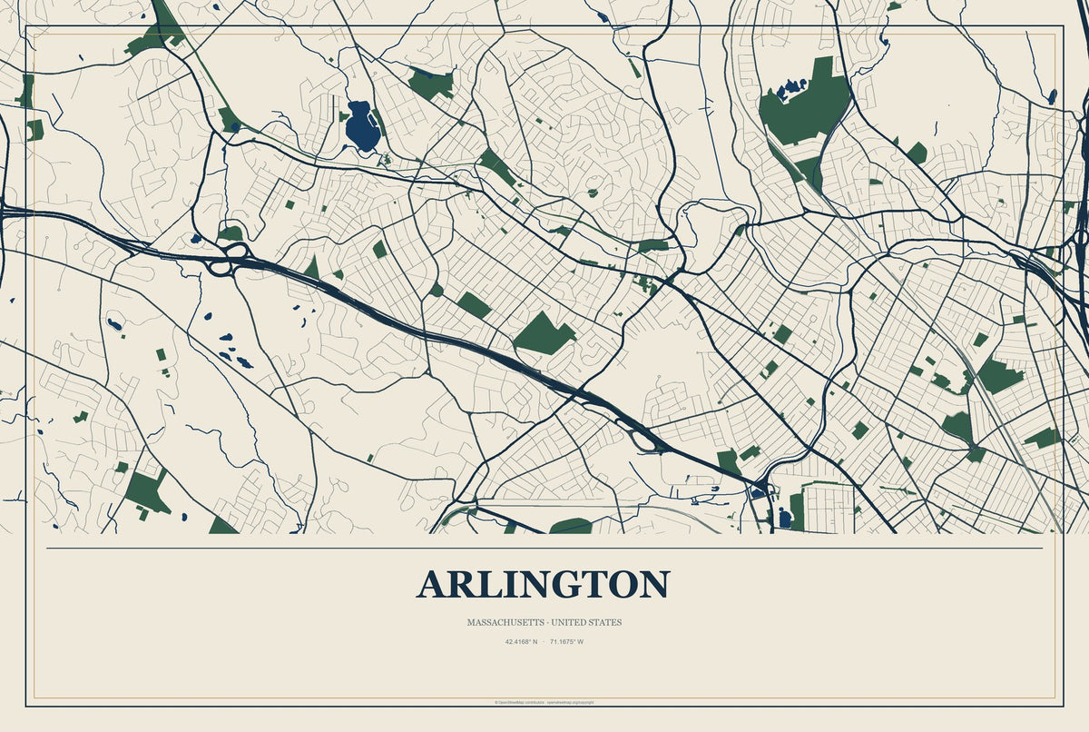 Arlington, Massachusetts City Map Aluminum Sign in Coastal Cutout style