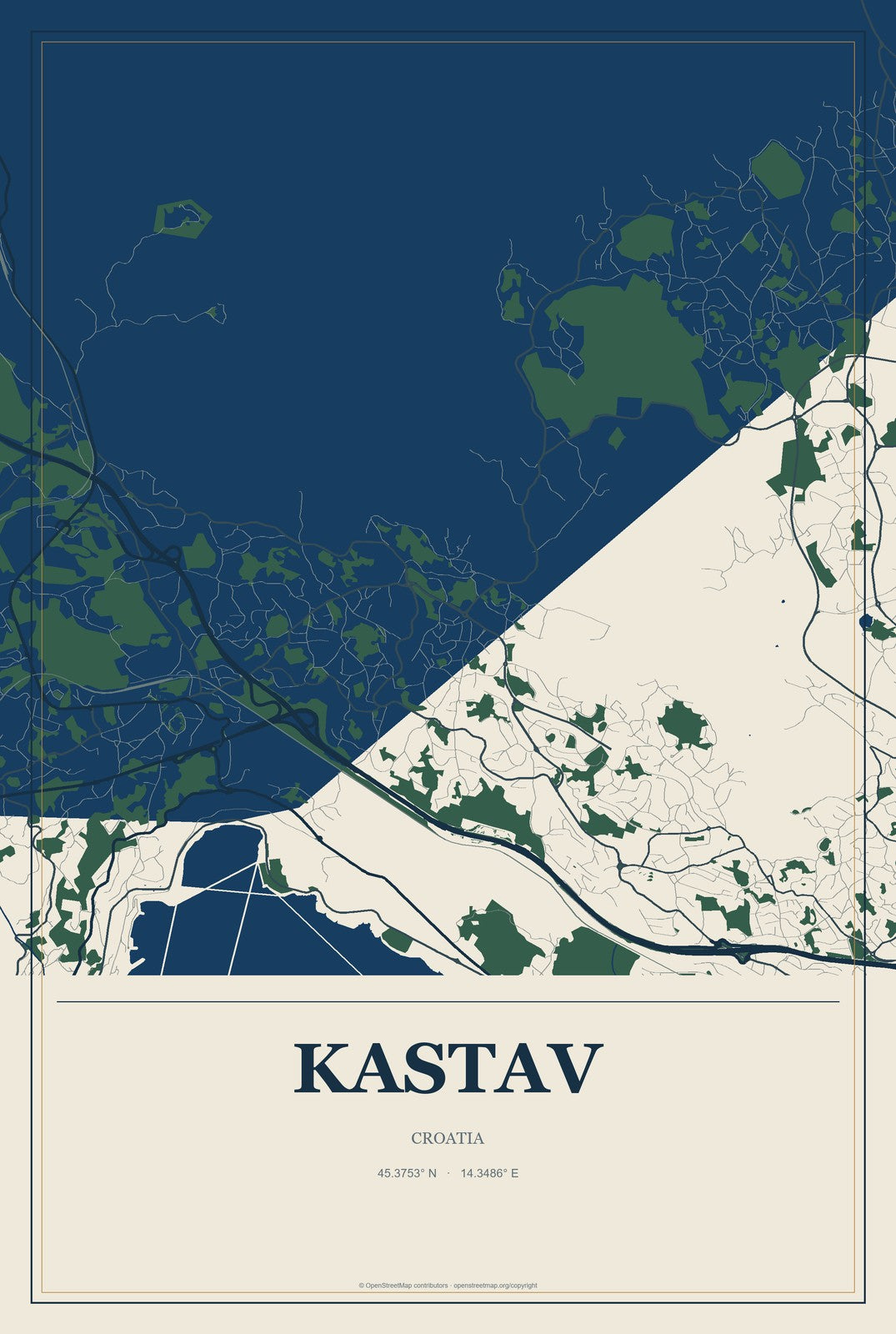 Kastav, Croatia City Map Aluminum Sign in Coastal Cutout style