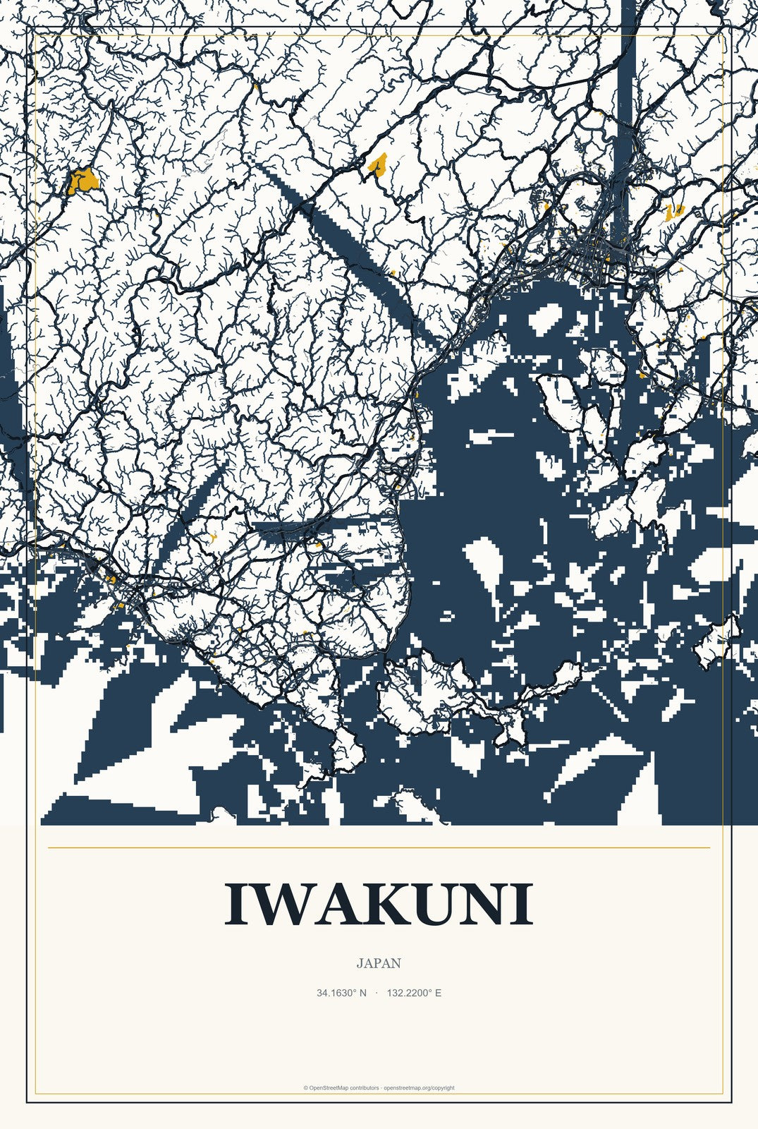 Iwakuni, Japan City Map Aluminum Sign in Citrine Modern style