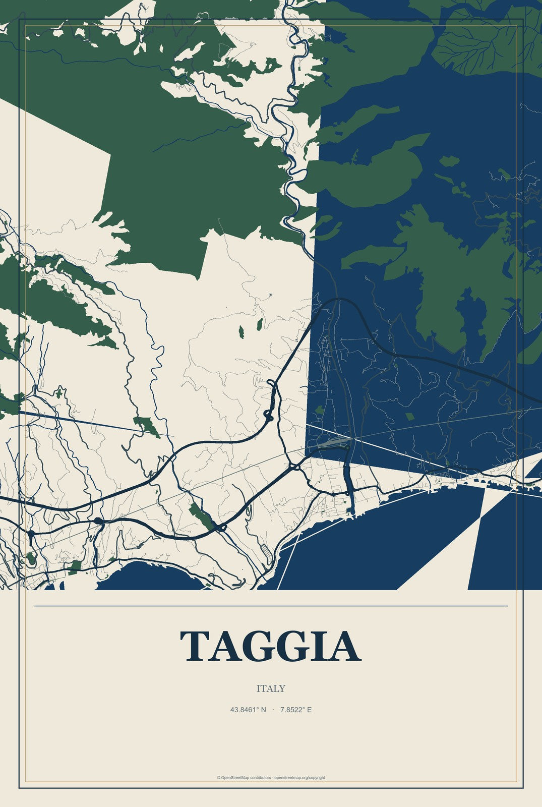 Taggia, Italy City Map Aluminum Sign in Coastal Cutout style