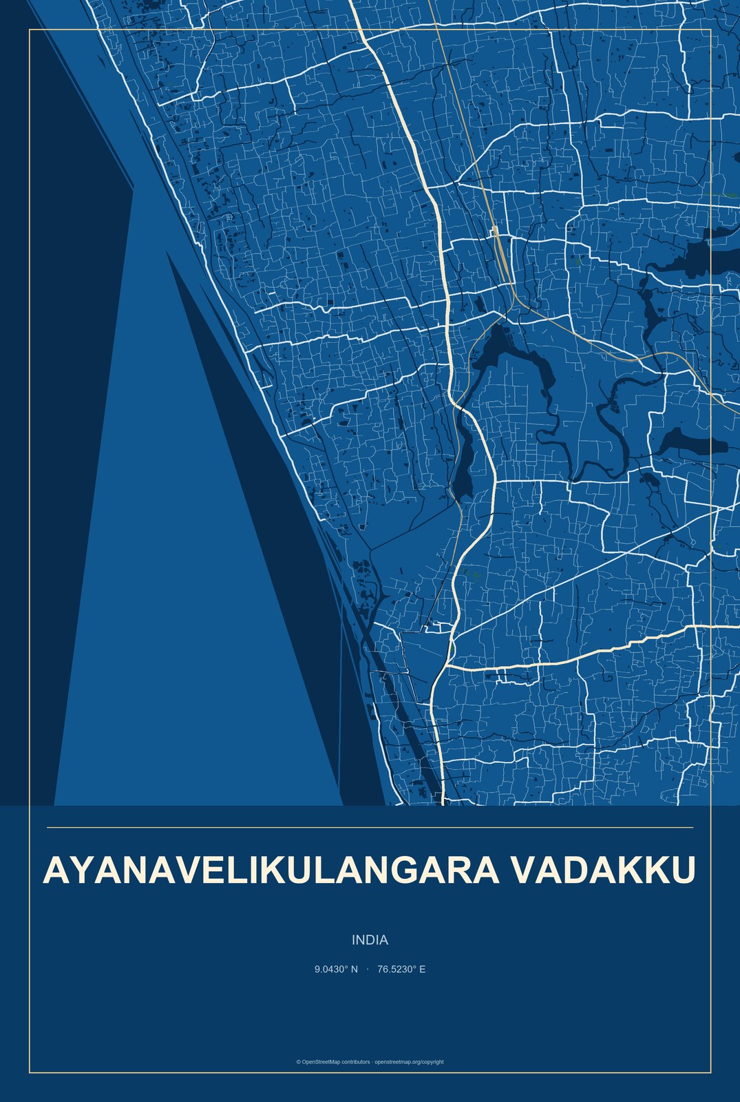 Ayanavelikulangara Vadakku, India City Map Aluminum Sign in Harbor Cobalt style