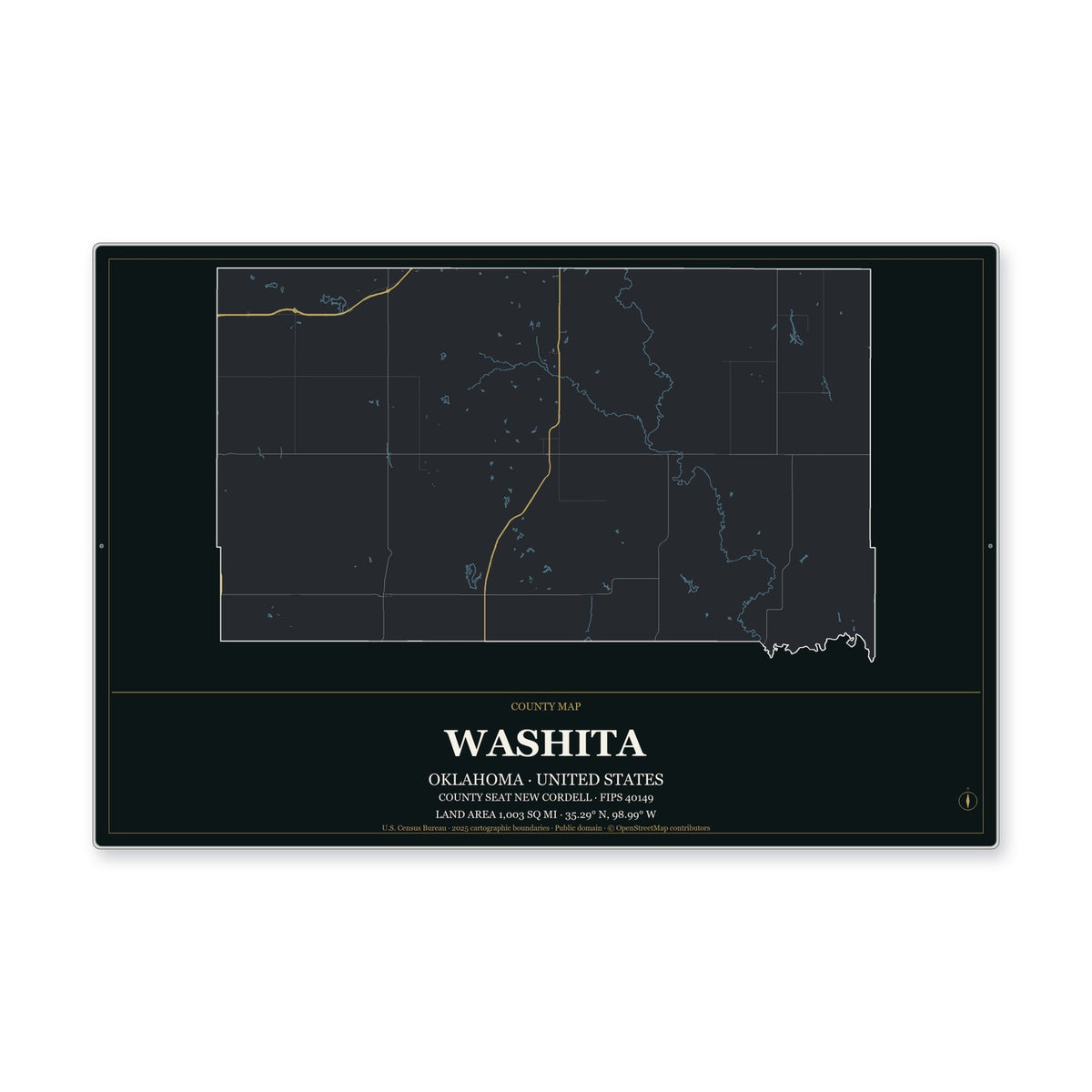 Washita County, Oklahoma Map Aluminum Sign in Metropolitan Noir style