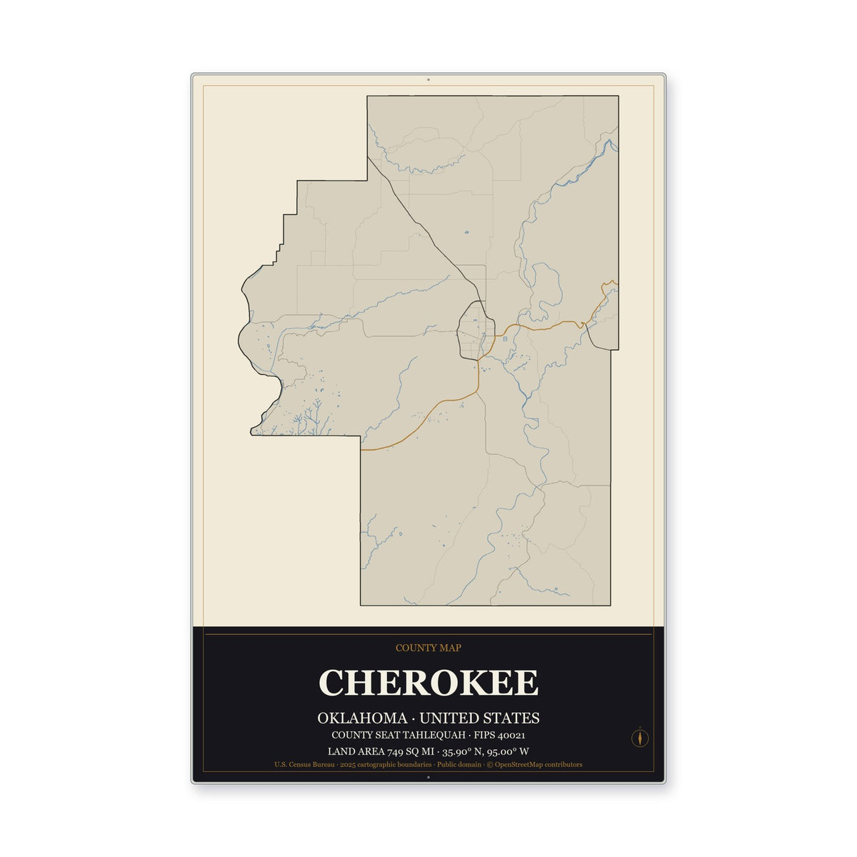 Cherokee County, Oklahoma Map Aluminum Sign in Museum Plaque style