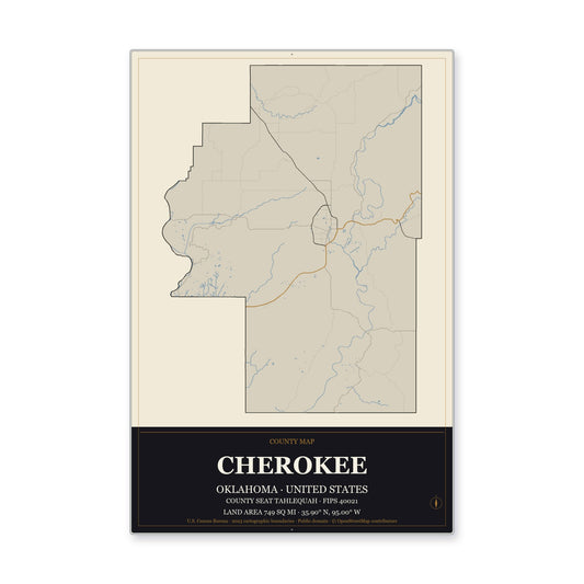 Cherokee County, Oklahoma Map Aluminum Sign in Museum Plaque style