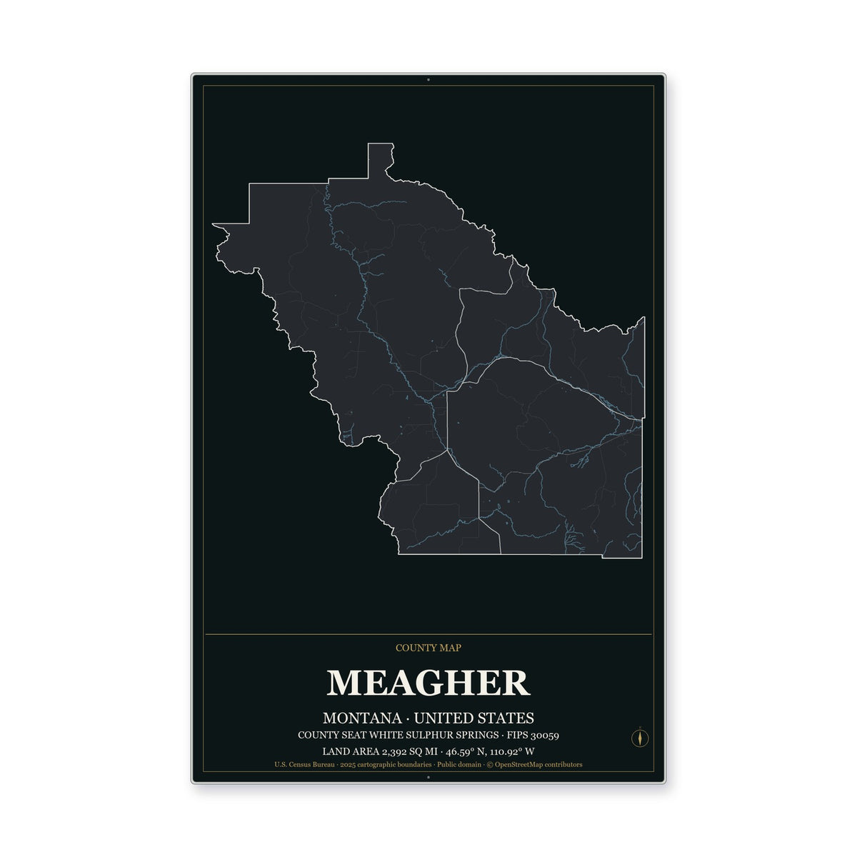 Meagher County, Montana Map Aluminum Sign in Metropolitan Noir style