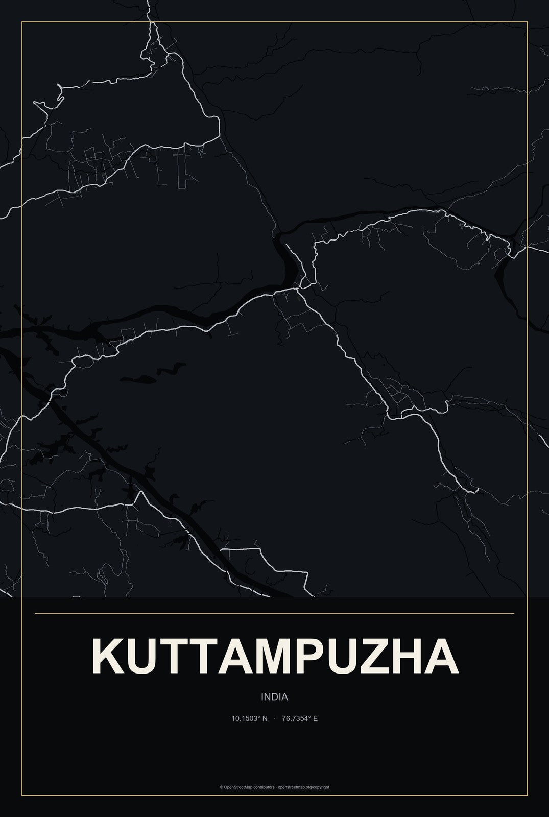Kuttampuzha, India City Map Aluminum Sign in Metropolitan Noir style