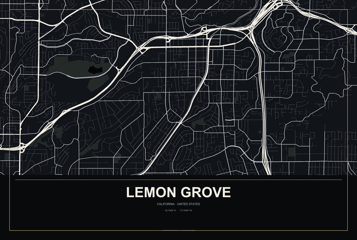 Lemon Grove, California City Map Aluminum Sign in Metropolitan Noir style