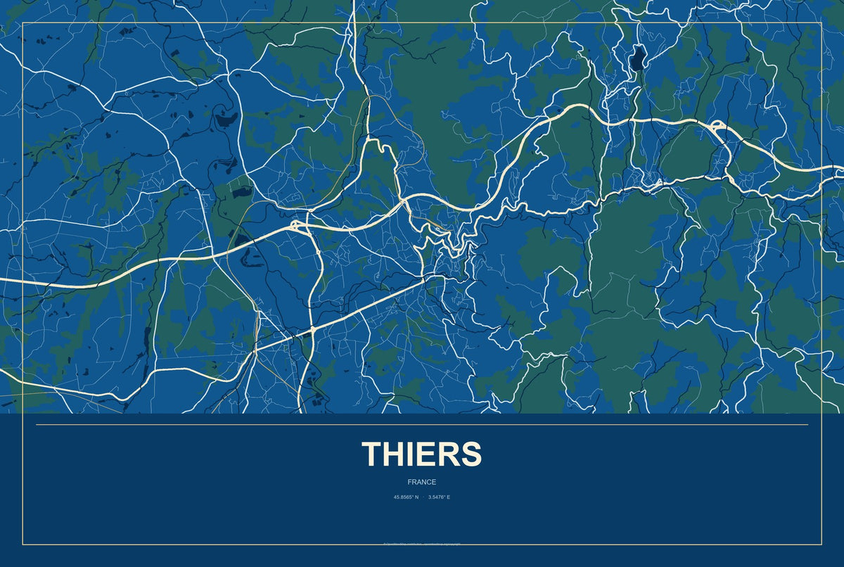 Thiers, France City Map Aluminum Sign in Harbor Cobalt style