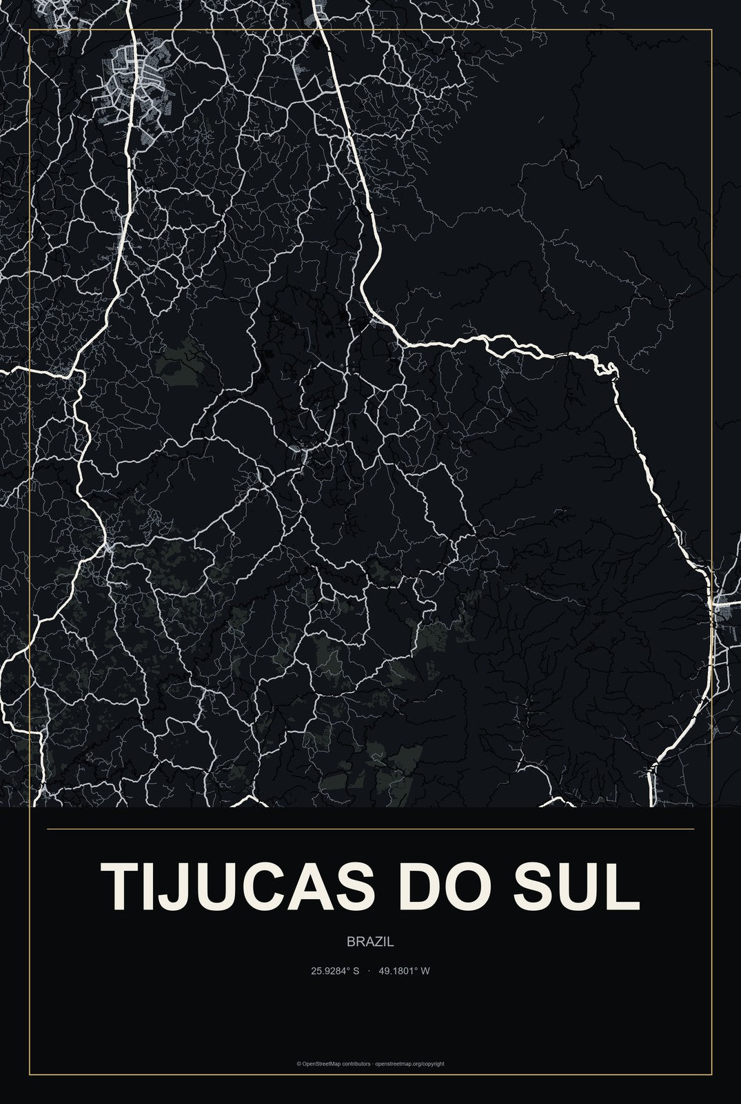 Tijucas do Sul, Brazil City Map Aluminum Sign in Metropolitan Noir style