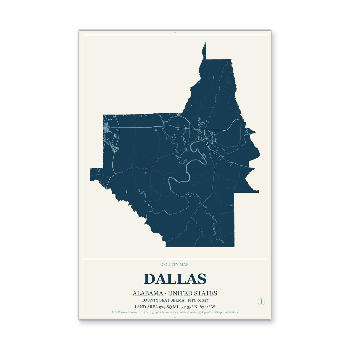Dallas County, Alabama Map Aluminum Sign in Coastal Cutout style