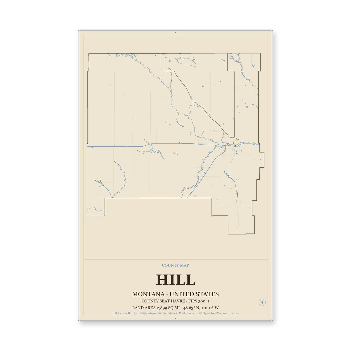 Hill County, Montana Map Aluminum Sign in Heritage Nautical style