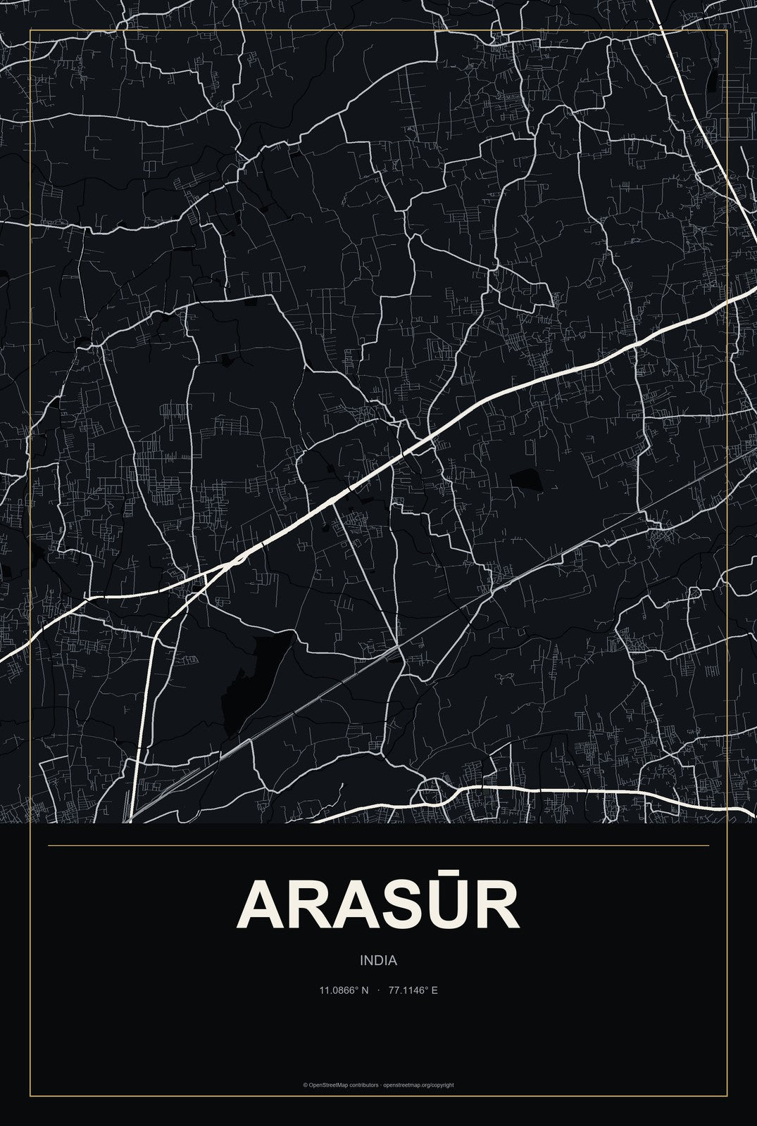 Arasūr, India City Map Aluminum Sign in Metropolitan Noir style