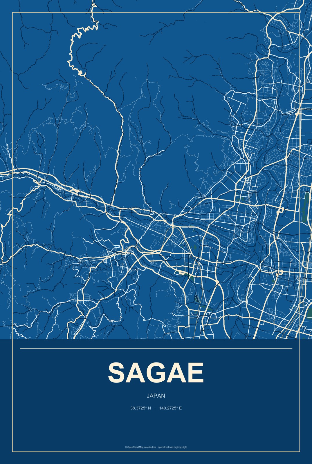 Sagae, Japan City Map Aluminum Sign in Harbor Cobalt style