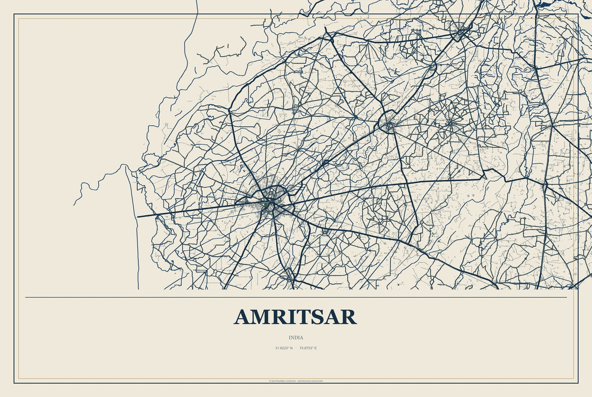 Amritsar, India City Map Aluminum Sign in Coastal Cutout style