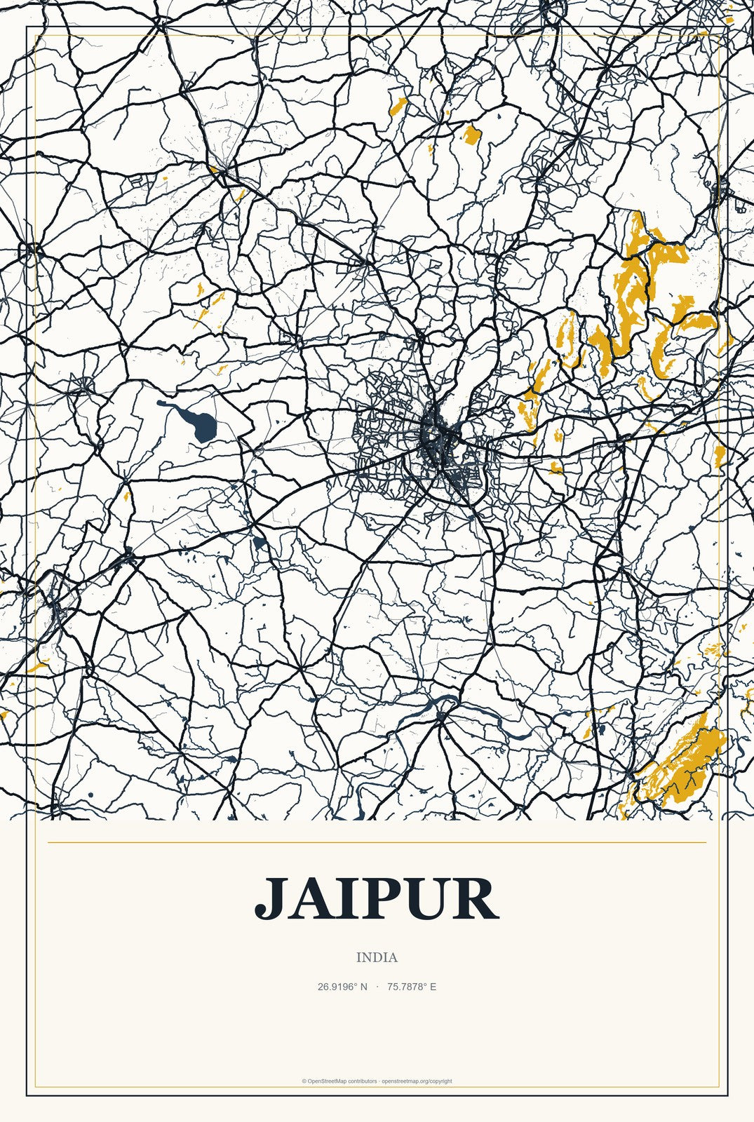 Jaipur, India City Map Aluminum Sign in Citrine Modern style