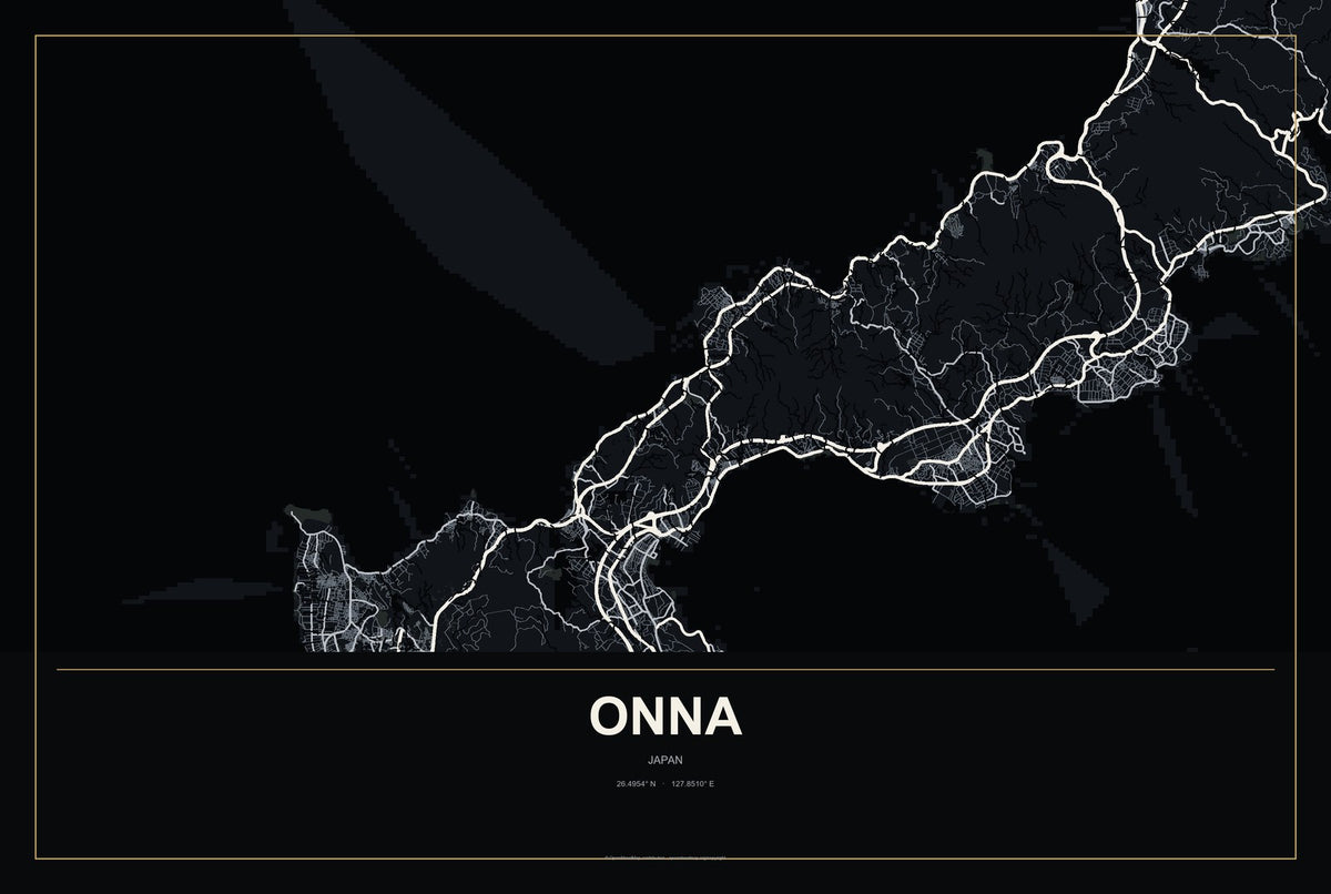 Onna, Japan City Map Aluminum Sign in Metropolitan Noir style