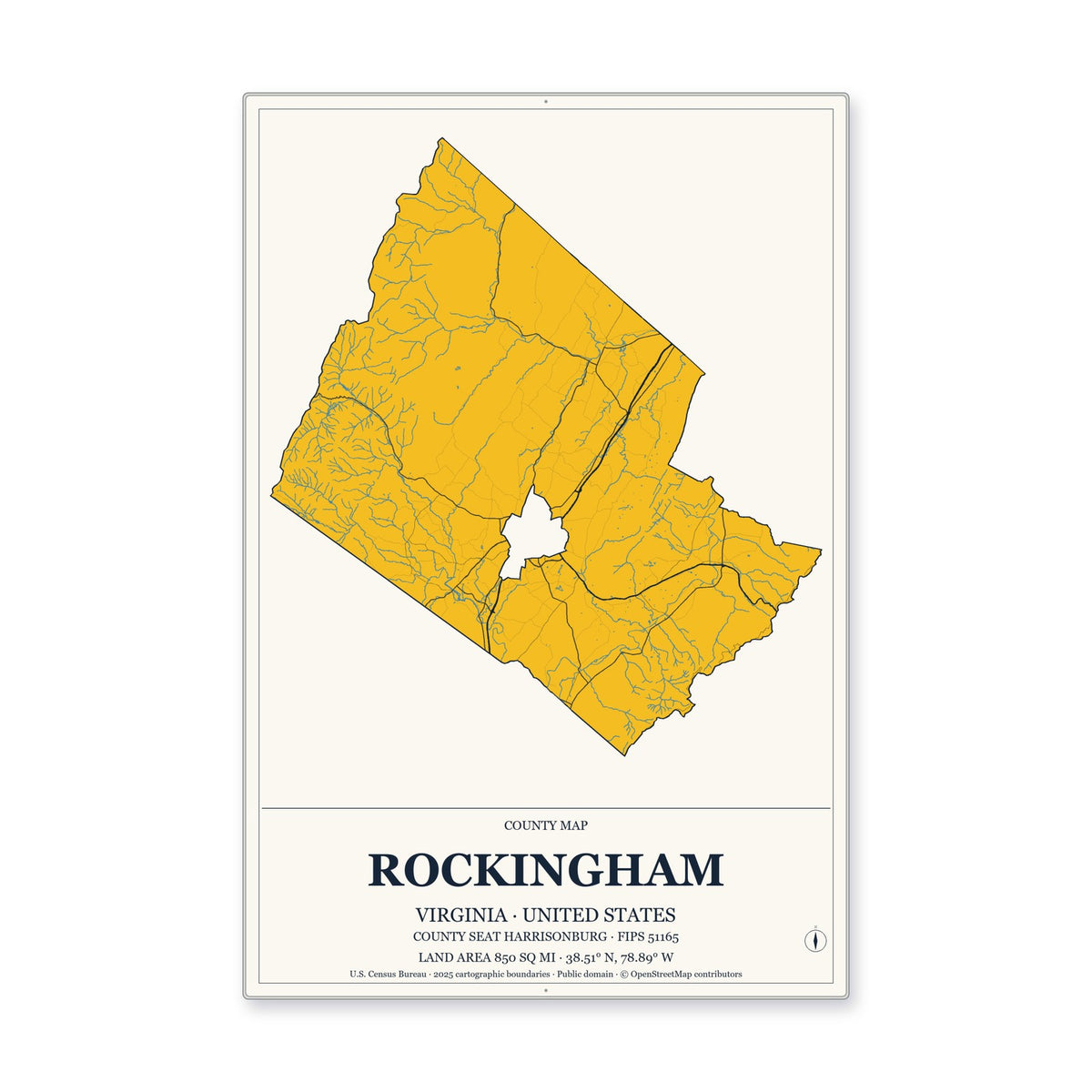Rockingham County, Virginia Map Aluminum Sign in Citrine Modern style